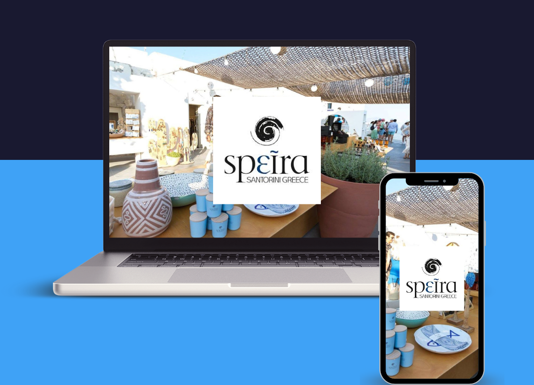 image of laptop and smartphone device displaying the home page of Speira Santorini with its logo